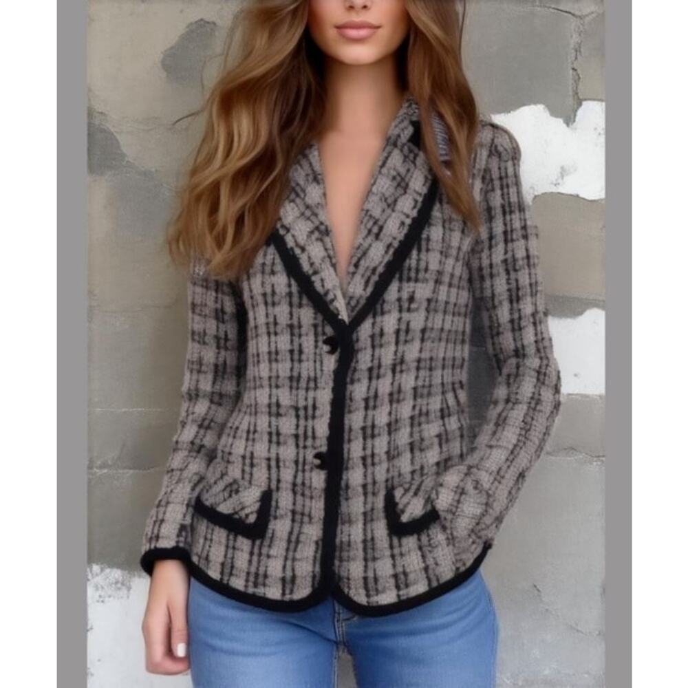 Giancarlo Ferrari Designer Vtg Navy Blue White Plaid Tweed Lined Blazer Jacket 8